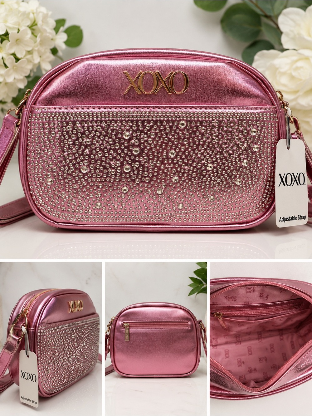 XOXO Metallic Pink Rhinestone Crossbody Bag